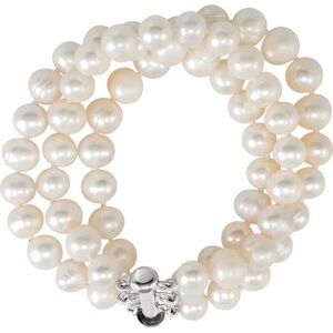 New! Sterling Silver Cultured White Freshwater Pearl Triple Strand